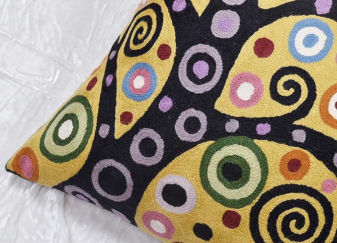 Klimt Yellow Tree of Life Pillow Cover Gold Floral Pillowcase Flower Botanical Gold Accent Suzani Sofa Cushions Kids Room Cushions Hand Embroidered Wool Size - 18x18