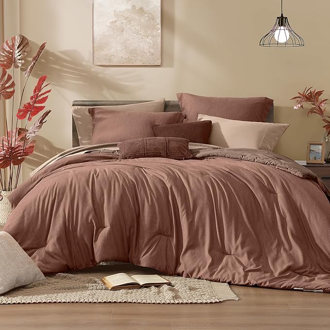 Monbix Queen Comforter Set - 7 Pieces Cationic Dyeing Terracotta Bed in a Bag Queen Bedding Sets with Comforter, Sheets, Pillowcases & Shams, Reversible Bedding Comforters Sets