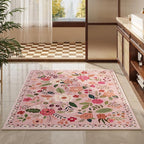 Area Rug 4x6 Rug Washable Boho Rugs Non Slip Low Pile Floral Small Carpet for Bedroom, Bedside, Kids Room, Office, Dining Room(Pink)