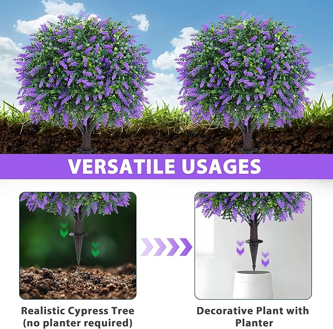 Artificial Boxwood Topiary Ball with Lavender, Set of 2 Artificial Shrub Bushes with Ground Spike, Fake Evergreen Tree for Porch, Artificial Plants for Outdoor Planters Indoor UV Resistant