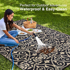 OLANLY Outdoor Rug Waterproof 9x12 ft Clearance, Reversible Outdoor Plastic Straw Rug with Floral Pattern, RV Mat for Patio, Camping, Balcony, Deck, Backyard, Black & Beige