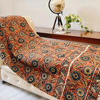 Handmade Cotton Throw Blanket | Floral Block Print in Orange & Navy | 48x70 Inches Fringed Bed Runner | Lightweight Boho Sofa Throw for Couch, Living Room & Bedroom Decor