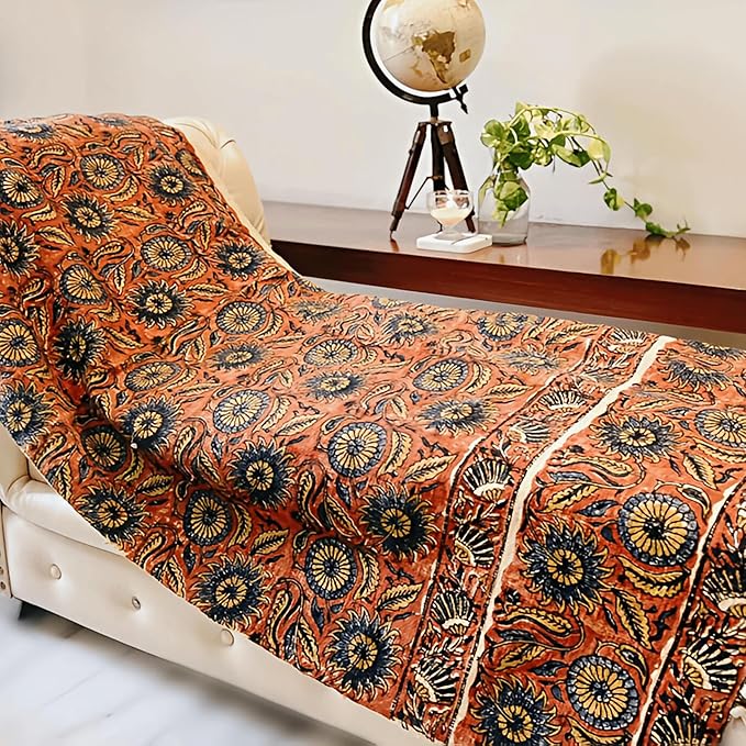 Handmade Cotton Throw Blanket | Floral Block Print in Orange & Navy | 48x70 Inches Fringed Bed Runner | Lightweight Boho Sofa Throw for Couch, Living Room & Bedroom Decor