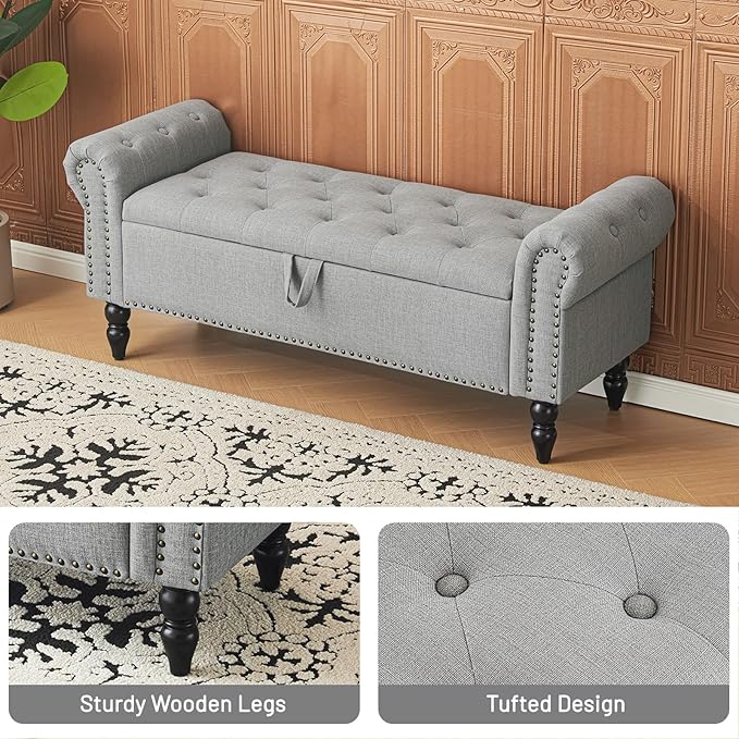 Furniliving 51” Bedroom Bench, End of Bed Bench with Button-Tufted Large Upholstered Storage Bench Ottoman Linen Window Benches with Storage Shoe Cabinet, for Bedroom, Entryway, Closet, Grey