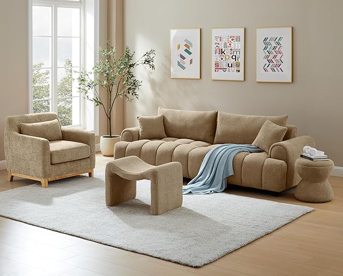 Extra Deep Accent Chair, Fabric Upholstered Comfy Reading Armchair for Living Room, Bedroom Single Seat Sofa Chair with Wood Base, Lamb Fabric