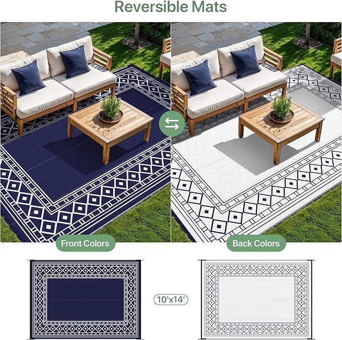 GENIMO Outdoor Rug Waterproof Area 10'x14' for Patio, Foldable Reversible Plastic Straw Carpet for Travel Trailers, Outside Mat for Rv, Deck, Picnic, Porch, Camper, Balcony, Beach, Blue & White