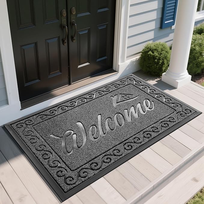 Yimobra Welcome Mat, Heavy Duty Sturdy Door Mats for Home Entrance Outdoor Indoor, Front Doormat for Outside Patio Floor Entry Porch Garage Office, Waterproof, Low Profile, 60 x 36, Black Grey