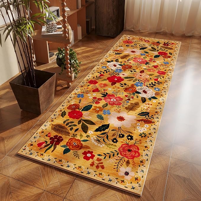 Runner Rug for Kitchen Rug Non Slip 2'x 6' Washable Rugs with Rubber Backing Soft Floral Carpet Runner for Hallways, Kitchen, Laundry, Bedroom, Bathroom(Yellow)