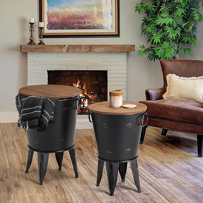 Rustic Storage Farmhouse Accent Side Table, Antique Galvanized Metal End Coffee Cocktail Table Box Bin with Round Wooden Lid Set of 2 (Black)