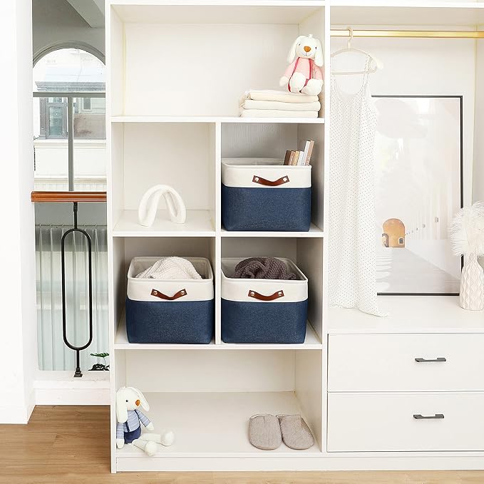 OrganiHaus Extra Large Fabric Storage Bins for Shelves 16x13in, Closet Storage Baskets for Shelf Organizing, Canvas Rectangle Bins for Organization, Linnen Baskets for Organizing - Navy Blue/White