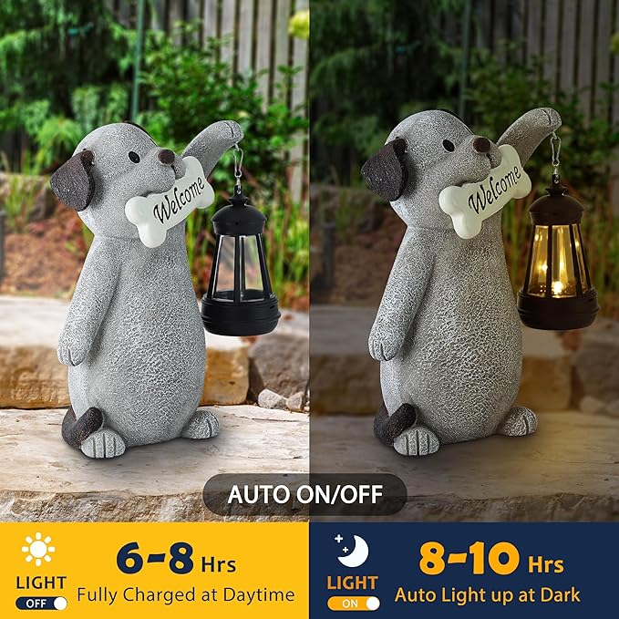 Solar Dog Statues for Garden Decor - Outdoor Dog Figurines with Solar Lantern for Yard Patio Lawn Balcony Ornaments - Garden Gifts for Mothers Day, Grandma, Easter