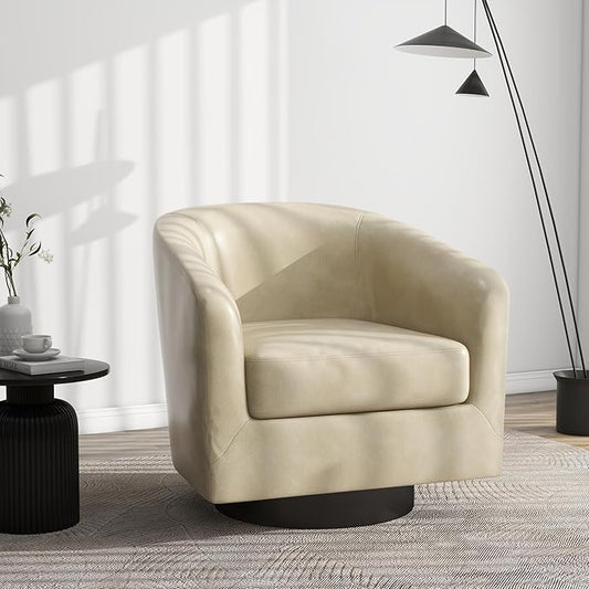 Swivel Barrel Accent Chair, Modern Round Faux Leather Arm Chair for Living Room, Bedroom, Comfy Club Reading Chairs for Adults, Faux Leather, Cream, Set of 1