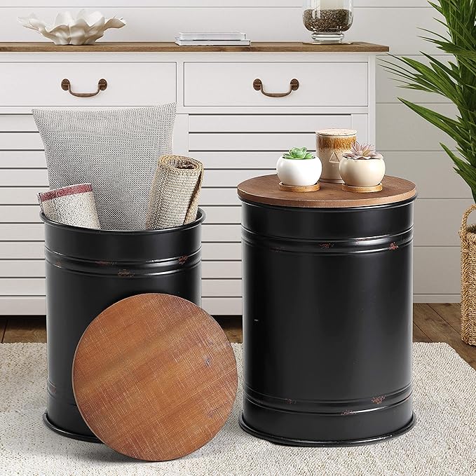Rustic Storage Ottoman Seat Stool, Farmhouse Accent Side Table, Antique Galvanized Metal End Table Box Bin with Round Wooden Lid Set of 2 (Black)