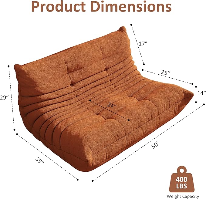 Bean Bag Chairs for Adults Giant Bean Bag Chair， 2 Seater with Memory Foam Filled Fireside Chair, Lazy Sofa Lounge Floor Sofa for Living Room, Bedroom, Office, No Assembly Required. (Orange)