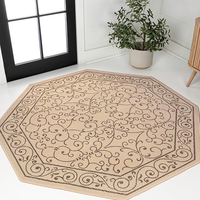 JONATHAN Y Vintage Filigree Indoor Outdoor Octagon Area Rug 8 Ft Beige/Brown, Charleston Textured Weave for Backyard, Patio, Porch, Easy-Cleaning, High Traffic, Pet-Friendly Non-Shedding SMB106A-8TGN