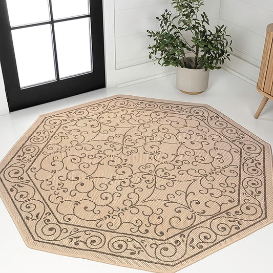 JONATHAN Y Vintage Filigree Indoor Outdoor Octagon Area Rug 8 Ft Beige/Brown, Charleston Textured Weave for Backyard, Patio, Porch, Easy-Cleaning, High Traffic, Pet-Friendly Non-Shedding SMB106A-8TGN