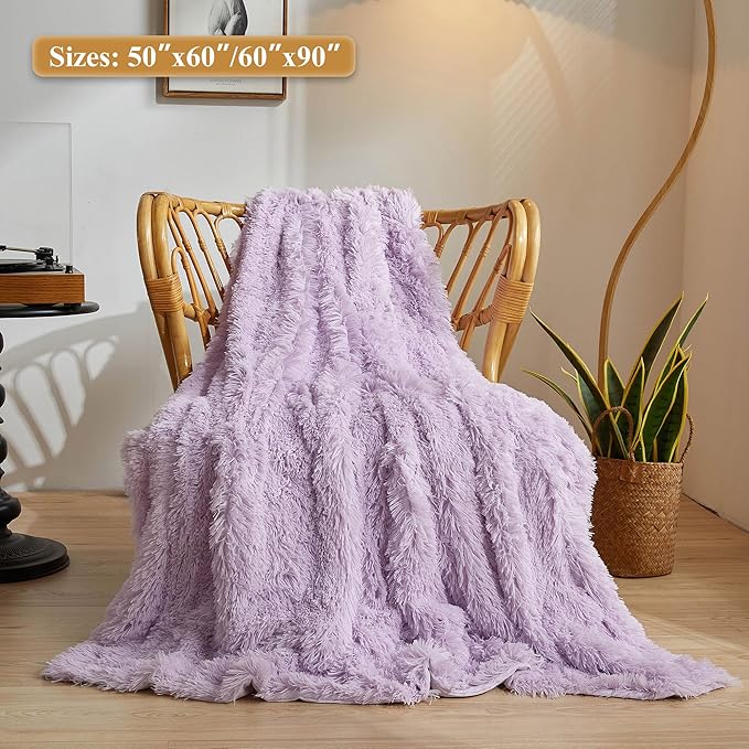 XeGe Luxury Faux Fur Bed Blanket, Soft 60x90 Lavender Fluffy Throw, Shaggy Plush Decorative Couch Blanket, Cute Furry Fuzzy Throw for Bed Bedroom Living Room Light Purple, 60x90