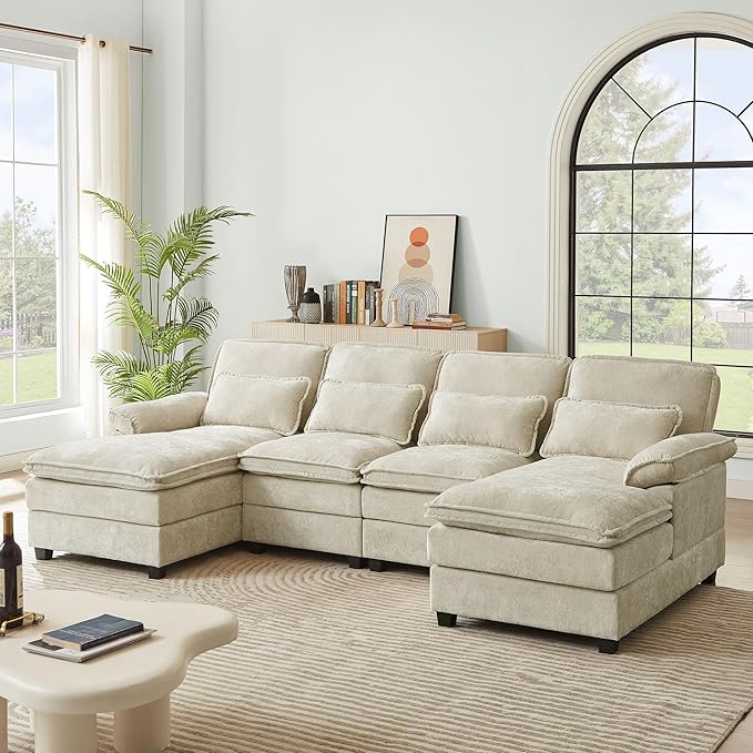 113" Oversized Cloud Couch, U Shape Sectional 4 Seat Sofa with Double Chaises, 2 Layer Cusions, Deep Seat Comfy Sofa, Upholstery Chenille Fabric for Living Room, Beige