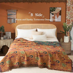 Boho Throw Blanket Twin Size, Soft Cozy Cotton Muslin Quilt Blanket for Bed Decor, Floral Patterned Couch Sofa Chair Cover, Vintage Farmhouse Cottage Tapestry Woven Blanket, Green&Orange