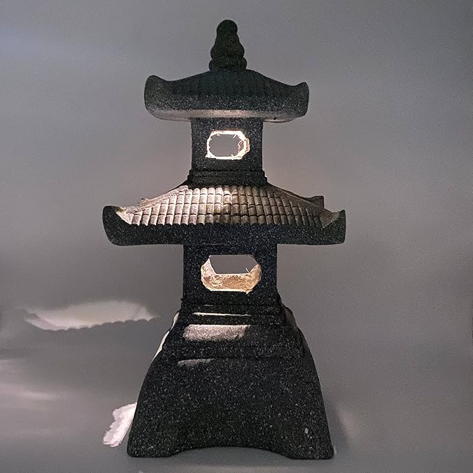 Galt International 2 Tier Pagoda Garden Statue LED Solar Powered Light 26" Tall Outdoor Zen Garden Lantern Landscape Lawn Asian Pagoda Stupa Decor Grey Resin