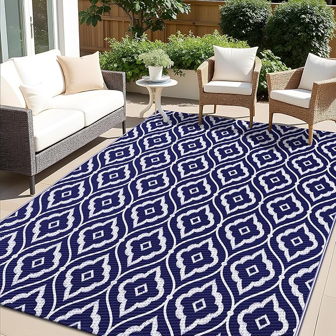 OLANLY Outdoor Rug 8x10 ft Waterproof, Outdoor Plastic Straw Rug with Geometric Pattern Clearance, Reversible RV Mat for Patio, Camping, Balcony, Deck, Backyard, Navy & White