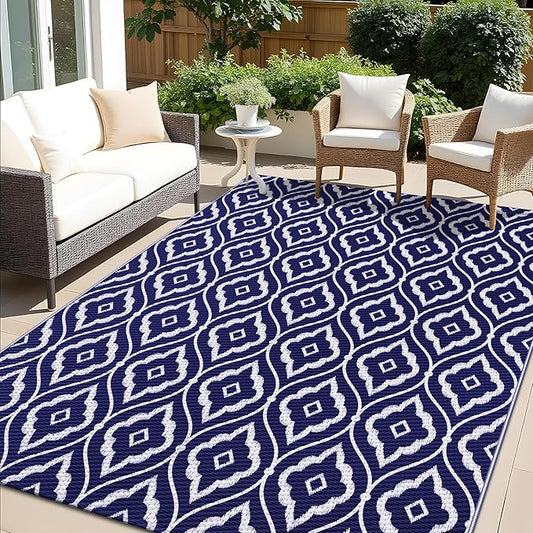 OLANLY Outdoor Rug 8x10 ft Waterproof, Outdoor Plastic Straw Rug with Geometric Pattern Clearance, Reversible RV Mat for Patio, Camping, Balcony, Deck, Backyard, Navy & White