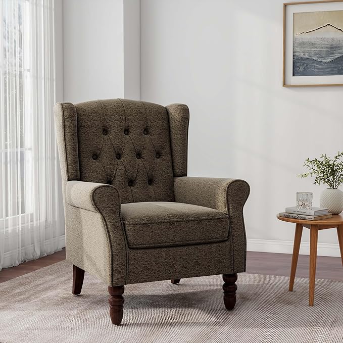 Accent Chair, Upholstered Armchair with Button Tufted High Back & Solid Wood Legs, Comfy Wingback Reading Single Sofa Chair for Small Spaces, Living Room, Bedroom (Taupe, Set of 1)