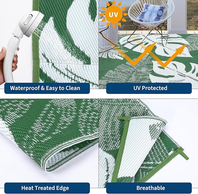 GAOMON Waterproof Plastic Straw Rug 9x12 Outdoor Patio Rug, Reversible Modern Camping Mat with Bag & Stakes, UV Resistant & Easy to Clean Outdoor Carpet for RV, Deck, Balcony, Green