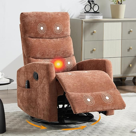 Manual Swivel Rocker Recliner Chair for Adults, Overstuffed Reclining Glider Chair for Nursing with Vibration Massage & Heat, Living Room Rocking Recliner 3-Stage backrest, Chenille Fabric Orange