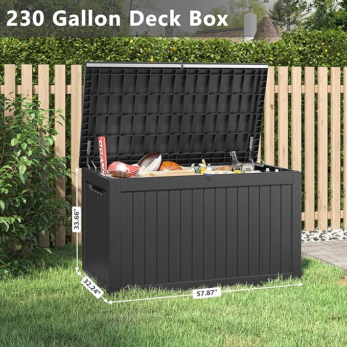 KAMABOKO 230 Gallon Outdoor Storage Box, Resin Deck Boxes Indoor and outdoor, Waterproof Storage Box Lockable Lid for Garden Tools, Package Delivery, Patio Cushions, Black