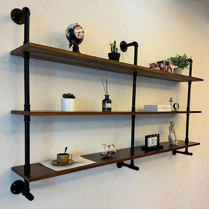 ROGMARS Industrial Pipe Wall Shelves Pipe Shelving with Real Wood Plank,70 Inches Floating Shelves for Wall Farmhouse Pipe Book Shelves Dark Brown 3Tier for Kitchen,Living Room Decor and Bar Shelving