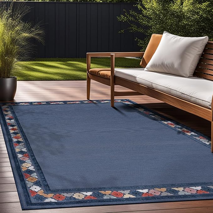 Beverly Rug Outdoor Rug 8x10 Modern Bordered Area Rugs for Indoor and Outdoor Patio Easy to Clean Non Shedding Living Room Porch Garden Washable Outside Carpet (8 x 10 Blue)