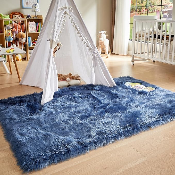 AMTOVO Faux Fur Sheepskin Rug for Living Room, 4 x 6 ft Dark Blue Fluffy Area Rug for Bedroom, Playroom, Luxury Room Decor, Rectangle