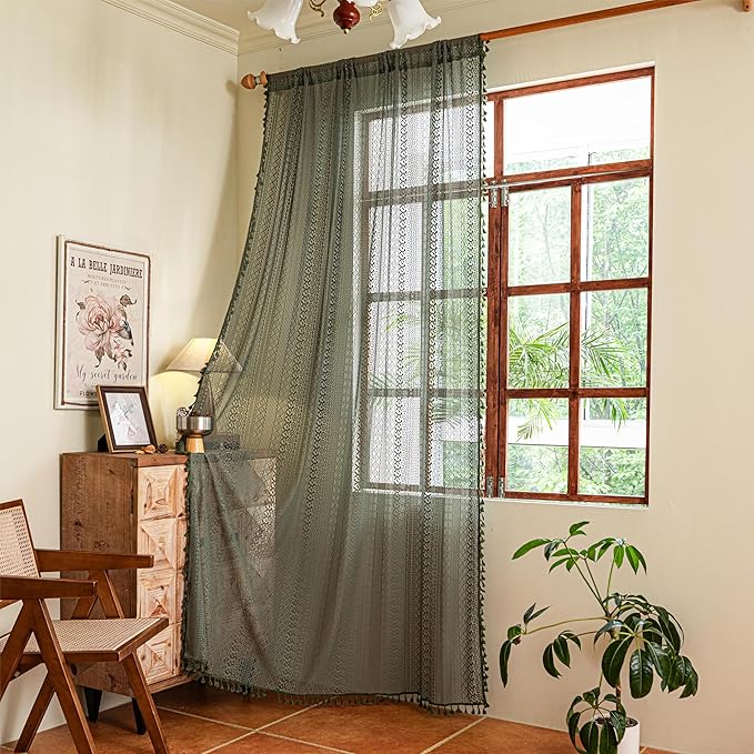 Sutuo Home Olive Green Boho Curtains 102 inches Long, Crochet Lace Sheer Bohemian Hollow Knitted Cute Tassels, Vintage Farmhouse for Bedroom Living Room Xmas Christmas Decor, 1 Panel 59" W x 102" L