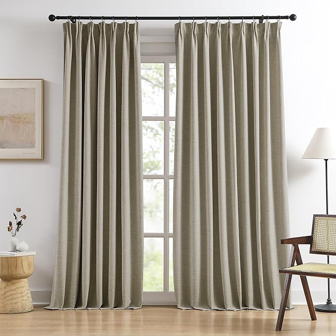 RAIN CITY Light Taupe Blackout Linen Blend Curtains 2 Panels,70 Wide Back Tab Pinch Pleated Look Window Drapes with Hooks,Track System Curtain Panels for Sliding Door Modern Farmhouse 70x90 Inch