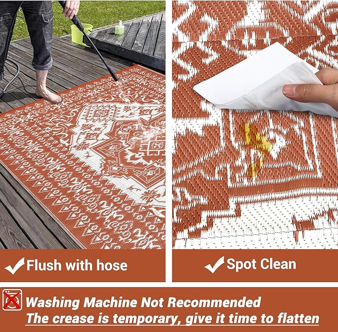 GAOMON Outdoor Rug for Patio 9x18 Waterproof Reversible Plastic Straw Rug, Large UV-Resistant Portable RV Camping Mats, Indoor Outdoor Medallion Carpet for Outside Deck Porch Garden, Red & White