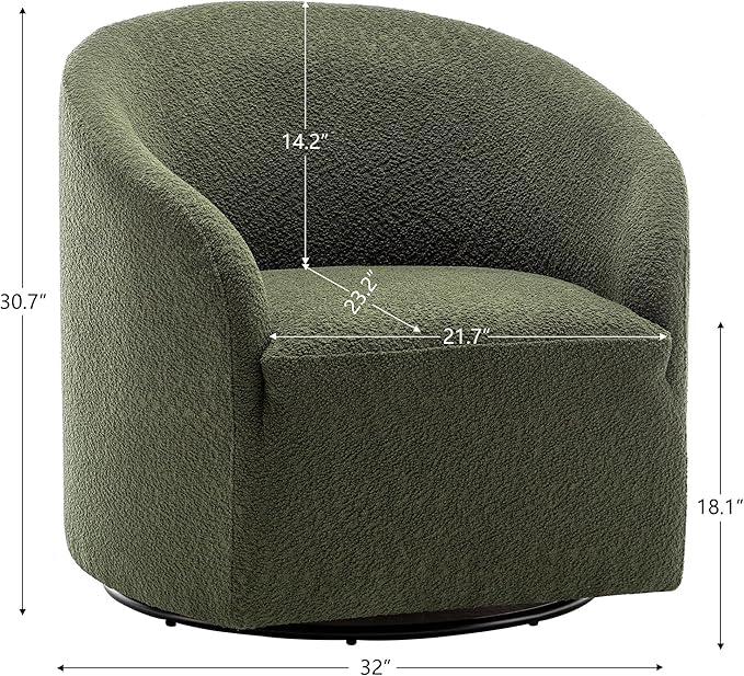 KINWELL 32" Wide Modern Boucle Swivel Barrel Chair, No Assembly Round Upholstered Swivel Accent Armchair for Living Room, Bedroom, Office (Green)
