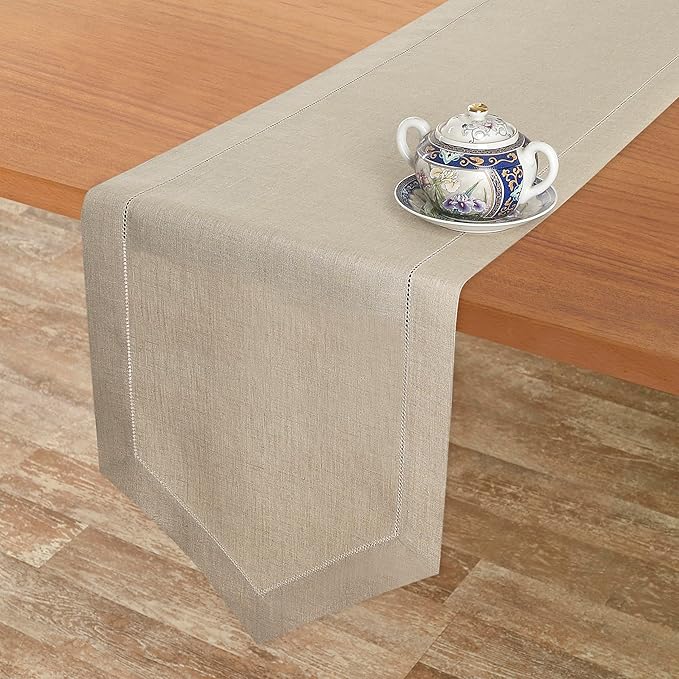D'Moksha Homes Natural Linen Table Runner 48 Inches Long - 100% Pure Linen Diamond Table Runner 14 x 48 Inch for Dining, Fall and Halloween - Machine Washable