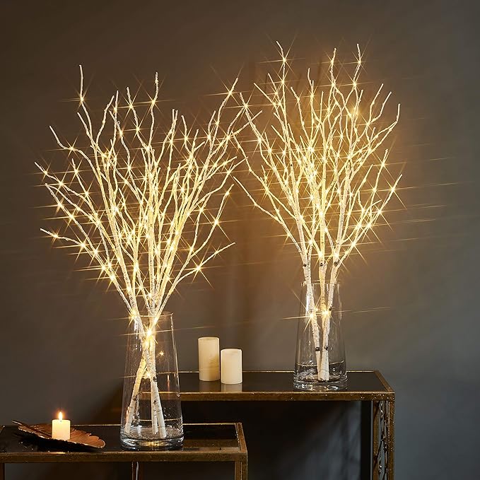 Fudios Lighted Branches 150 LED Fairy Lights with Timer 32in Plug in, Electric Lit White Birch Twigs for Vase Christmas Inside Outside Decor 1 Set