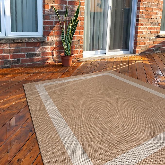 CAMILSON Outdoor Rug 6x9, Modern Outside Rugs for Patios Porches Waterproof Durable Washable Non-Shedding, Easy-to-Clean Indoor Outdoor Area Carpet (6 x 9, Bordered - Beige/White)