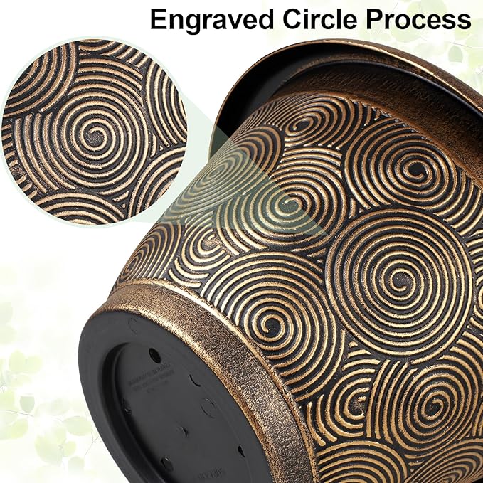 10 Inch Flower Pots Planters for Indoor Outdoor Plants, 3 Pack Plastic Large Plant Pots with Drainage Hole & Tray, Modern Decorative Garden Pot with Saucer, Plant Container for House