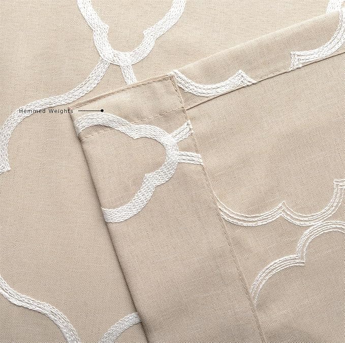 MIUCO Moroccan Embroidered Semi Sheer Curtains Faux Linen Grommet Window Drapes for Living Room 52 x 95 Inch 1 Pair Set, Linen