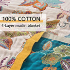Boho Throw Blanket for Bed Couch 100% Cotton Woven Bed Throws for Summer, Lightweight and Soft Cozy Farmhouse Reversible Muslin Decorative Blanket for Travel Picnic, Teal/Cream, 80"x90"