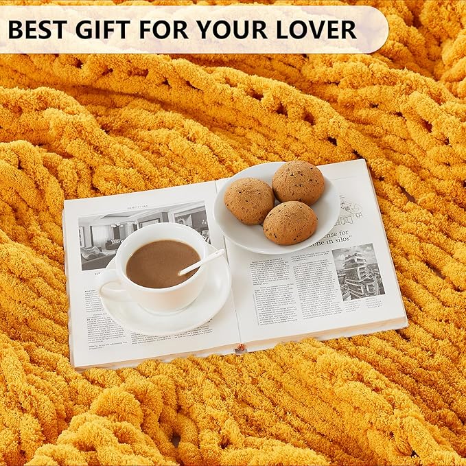 L'AGRATY Chunky Knit Blanket Throw - Soft Chunky Throw Blanket 60x80: 100% Hand Kintted Chenile Crochet Throw Blanket for Couch - Large Cable Knit Chunky Blanket for Home Decor(Mustard Yellow)