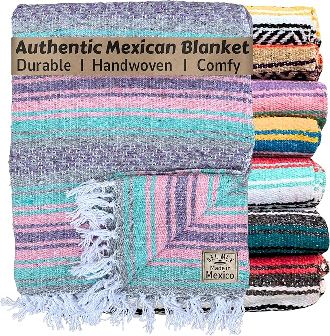 Del Mex Classic Mexican Blanket, Large Authentic Woven Falsa Throw (70"x50"), Artisan Southwest Décor for Beach, Yoga, Outdoors (Mint/Pink/Gray)