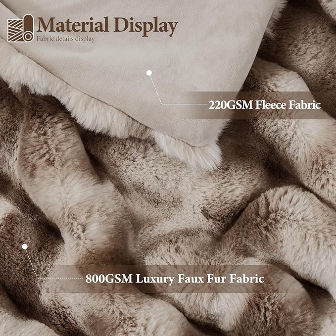 Touchat Luxury 1000GSM Rabbit Faux Fur Blanket, Super Heavy Warm Cozy Brown Blankets for Couch Bed Sofa, Ruched Plush Fuzzy Elegant Soft Reversible Mink Blanket for Living Room Bedroom, 60" x 80"