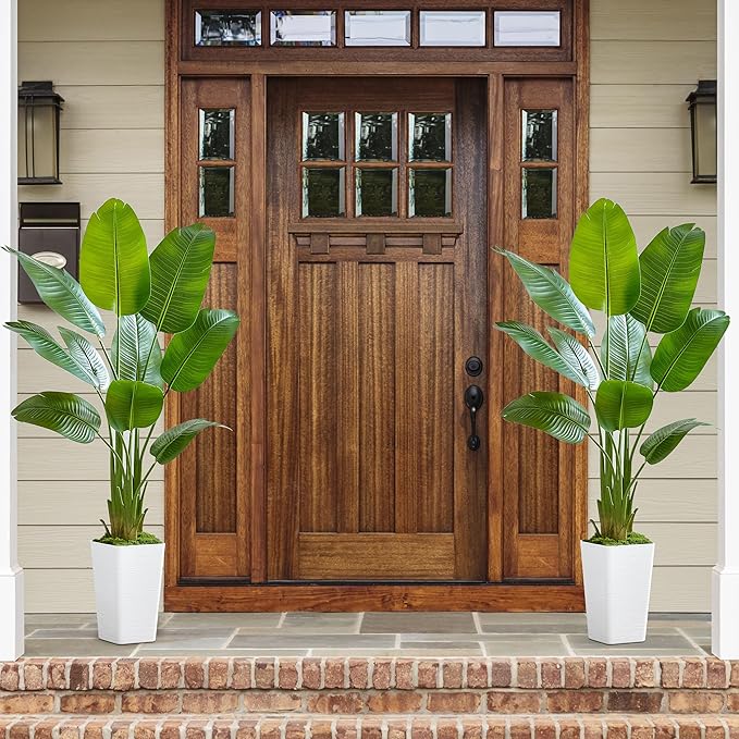 Lifelike Bird of Paradise Silk Artificial Plant Faux Banana Leaf Tree for Home Decor - Perfect Indoor Floor Plant with 9 Trunks (1, White Tall Planter, 5 FT)