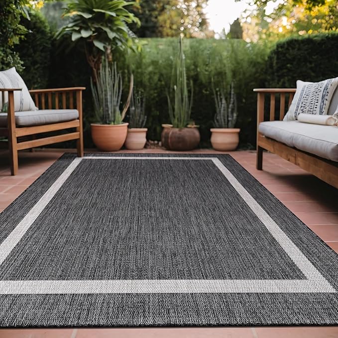 Bordered Outdoor Rug 9x12 Washable Outside Carpet for Indoor Patio Porch Waterproof Easy Cleaning Non Shedding Area Rugs Gray 9 x 12