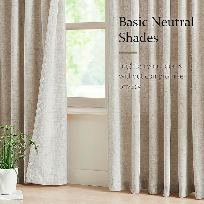 FMFUNCTEX Pinch Pleated Curtains 84 Inches Long for Living Room, Beige Semi Sheer Faux Linen Textured Pleat Drapes for Bedroom with Hooks, Light Filtering Neutral Farmhouse Window Drapes 2 Panels