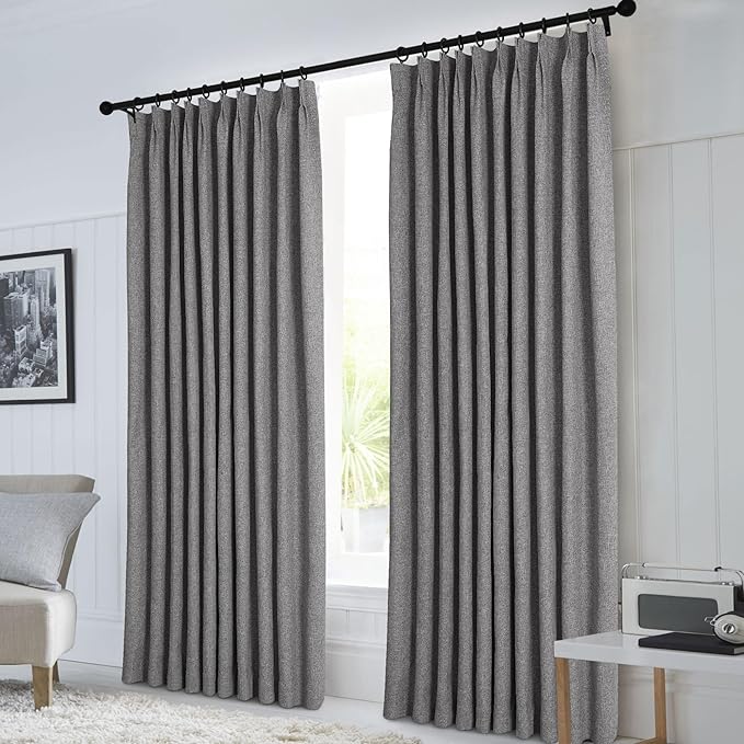 Macochico Pinch Pleated Full Blackout Curtains for Bedroom Living Room Gray Linen Curtains Thermal Insulated and Noise Reducing Window Panels with Tieback Shabby Chic Decor 84”Wx84”L 1 Panel